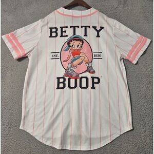 Betty Boop Jersey Womens Sz XL Pink White Button Retro Novelty Baseball Graphic